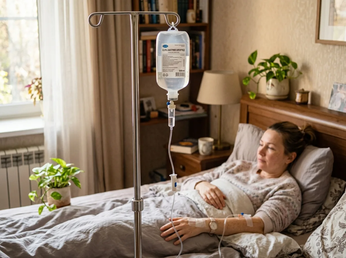 Медицинская капельница с прозрачным раствором, стерильные трубки, профессиональное оборудование на домашнем фоне