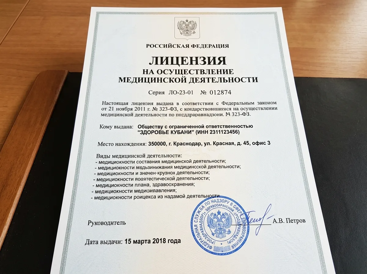 Лицензия на осуществление медицинской деятельности № ЛО-23-01-012874 — официальный бланк Росздравнадзора, синяя печать, подпись руководителя