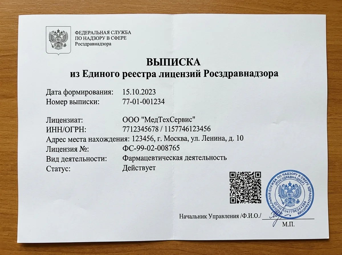 Выписка из Федерального реестра лицензий Росздравнадзора — официальный документ с QR-кодом и печатью ведомства