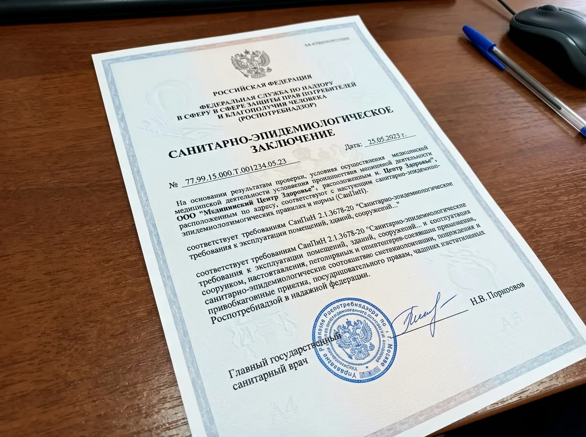 Санитарно-эпидемиологическое заключение Роспотребнадзора — официальный бланк с гербом, подтверждающий соответствие медицинского кабинета нормам СанПиН